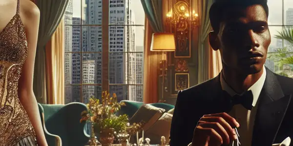 A lavish living room with two characters embodying ambition and unease, highlighting themes of social tension and moral ambiguity.