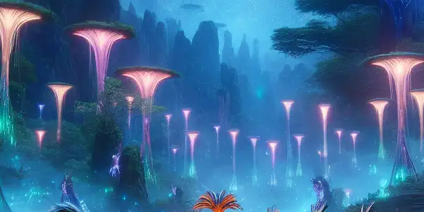 A diverse group of tribal characters in a bioluminescent forest, engaged in a cultural ritual under a starry sky.