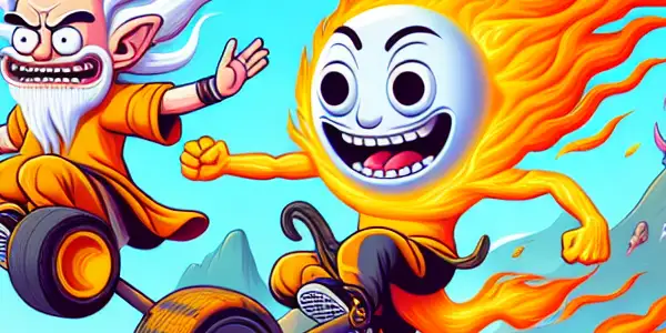 Nezha and Sun Wukong playfully interact in a whimsical, colorful landscape filled with mythical creatures and humorous elements.