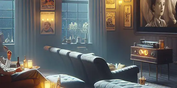 A cozy home theater scene with diverse viewers captivated by a classic ethical film, surrounded by popcorn and warm lighting.