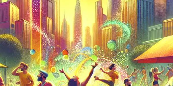 A vibrant urban scene depicting people joyfully engaging in activities, with banners promoting "Fresh Passion Recharge."