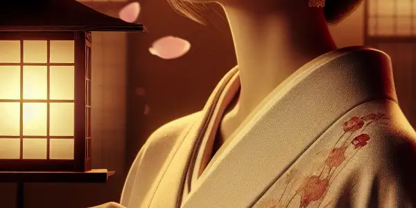 A romantic movie poster featuring a Japanese actress in a serene twilight garden, surrounded by cherry blossoms and lantern light.