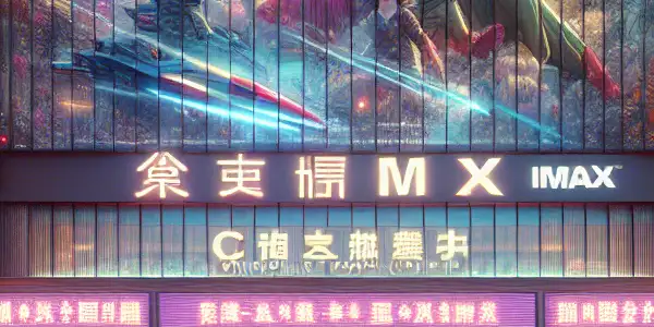 A bustling cinema scene with a modern exterior, excited moviegoers, and a luxurious IMAX theater inside.