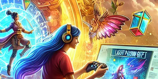 A vibrant gaming scene featuring a player joyfully interacting with rewards from a "Latest Passion Gift Pack."