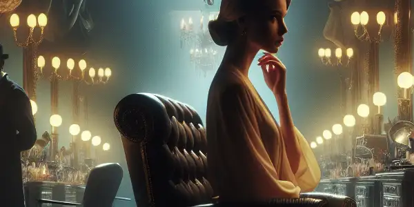 A young woman sits in a dimly lit beauty salon, surrounded by eerie decor and shadowy figures, reflecting intrigue and fear.