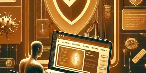 A person comfortably browsing adult content on a secure device, surrounded by hygiene products and symbols of cybersecurity.