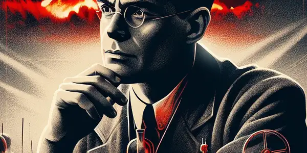 A contemplative scientist amidst a dramatic atomic explosion, symbolizing the moral dilemmas of technology and humanity.