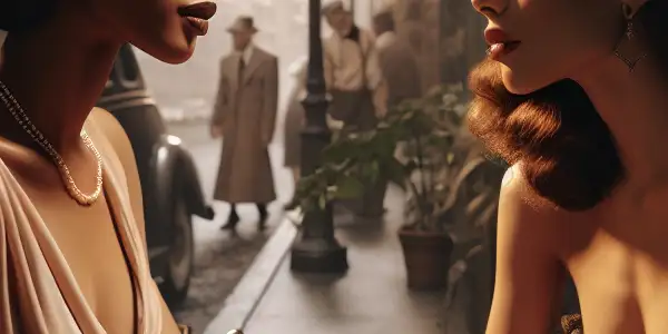 Two women share an intimate moment at a café table in a 1950s city setting, hinting at forbidden love.