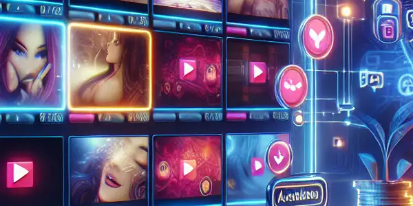 A modern digital platform showcasing premium adult video thumbnails and a points system for content exchange.