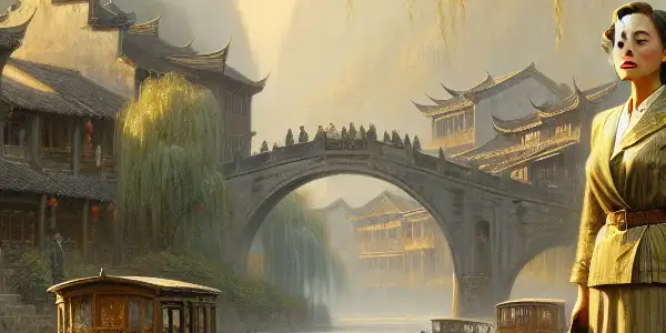 A determined woman stands by a river in wartime Suzhou, surrounded by traditional architecture and symbols of family.