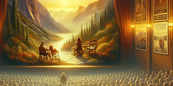 An intimate cinema scene with an engaged audience watching a film, surrounded by vintage posters and warm lighting.