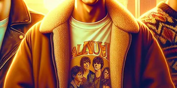 Three stylish young men in a bustling city at sunset, embodying friendship and adventure with hints of magic and nostalgia.