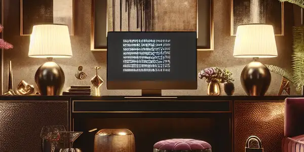 A sophisticated, dimly lit room featuring plush furnishings, modern technology, and symbols of privacy for high-end adult entertainment.