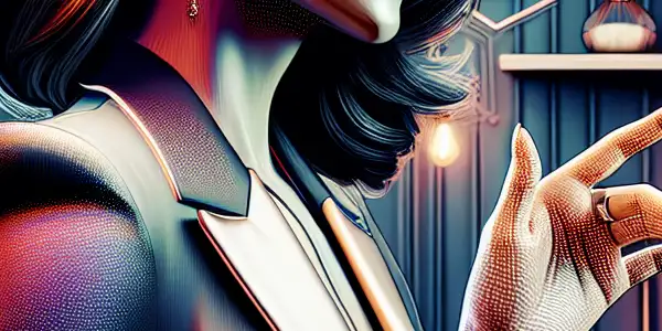 A sophisticated teacher in an inviting digital classroom, blending education with themes of romance and allure.