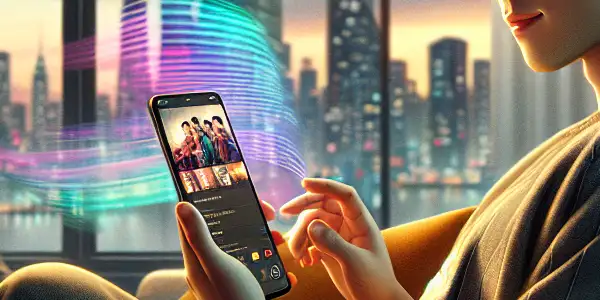 A young person relaxes in a cozy living room, watching a movie on their smartphone amidst a bustling city backdrop.