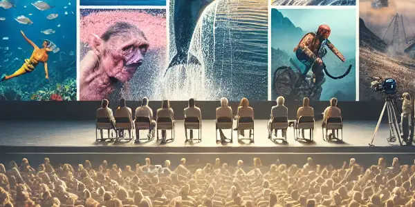 A diverse audience captivated by a documentary film screening in a vibrant auditorium, showcasing powerful imagery.