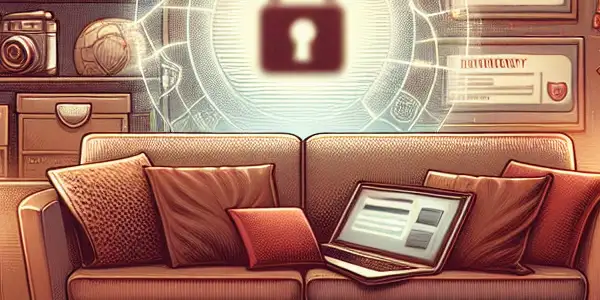 A cozy living room scene promoting responsible adult film viewing, featuring a laptop, safety symbols, and diverse reading materials.