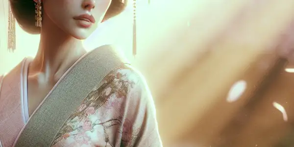 A serene garden with cherry blossoms featuring Ai Miyazaki in an elegant kimono, evoking romance and nostalgia.