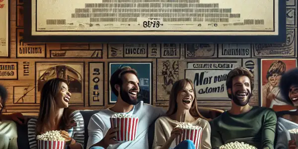 A cozy home theater filled with diverse friends enjoying a movie night, popcorn, and drinks in a warm atmosphere.