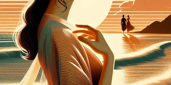 A young Japanese woman in a summer dress stands on a beach at sunset, embodying romance and contemplation.