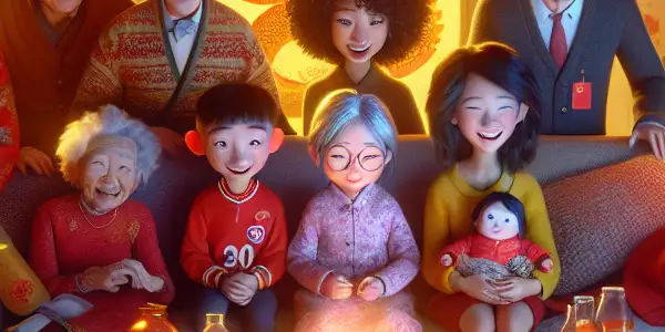 A joyful family gathering celebrating Lunar New Year with decorations, festive foods, and playful characters in a cozy living room.