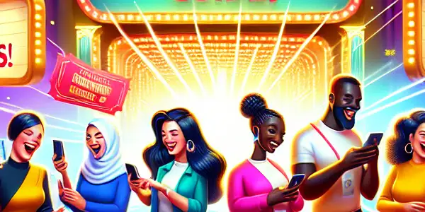 A lively adult lottery event with diverse participants excitedly sharing links amidst colorful banners and festive decorations.