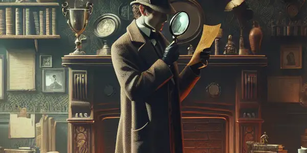 A Victorian study featuring Sherlock Holmes examining a letter, with a hound at his feet and a cozy fireplace.