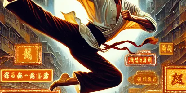 A heroic martial artist performs a flying kick amidst skilled fighters on a bustling, neon-lit Hong Kong street.