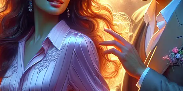 A romantic twilight encounter between a man and woman amidst a dreamy, dew-kissed landscape.