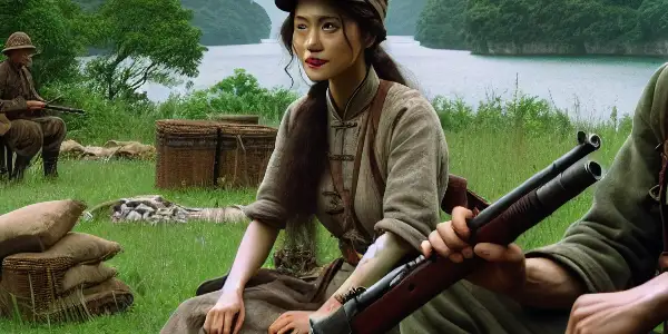 A courageous female leader and her comrade strategize in a 1930s guerrilla warfare camp by Honghu lake.