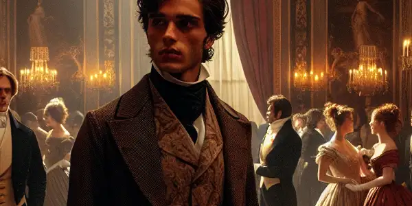 Julien Sorel in a lavish 19th-century ballroom, amidst elegantly dressed guests, embodying ambition and romantic tension.