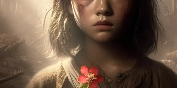 A young girl in a war-torn landscape holds a red cherry blossom, symbolizing hope amidst despair.<a href=