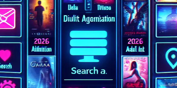 Futuristic digital interface showcasing categories of adult videos on a glowing screen with vibrant neon colors.