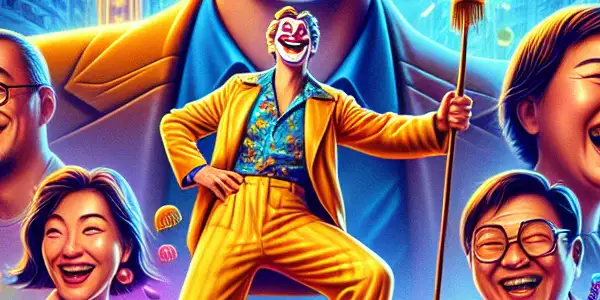 A vibrant movie poster depicting a joyful middle-aged man and quirky friends in a bustling, neon-lit urban scene.