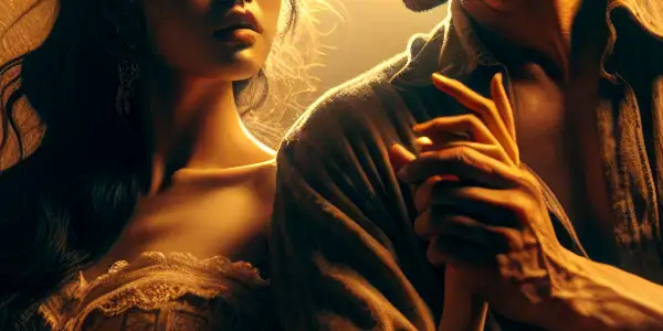 A man and woman share an intimate moment of connection in a cozy, dimly-lit room, conveying desire and vulnerability.