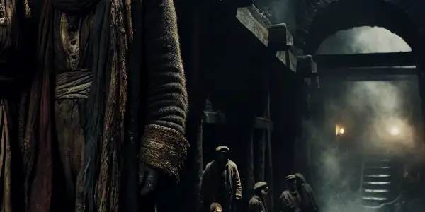 Two rugged miners stand at the dark entrance of a coal mine, embodying danger and moral ambiguity.