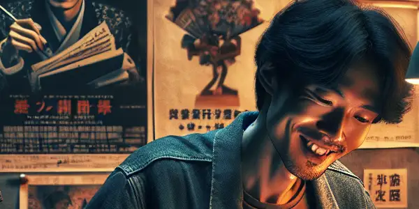 A cozy, dimly-lit room filled with vintage Japanese adult film posters and a passionate creator writing a script.