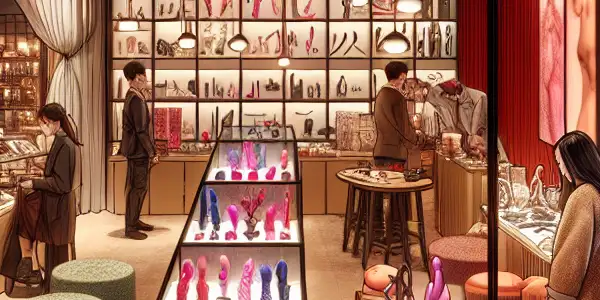 A modern adult toy shop with colorful displays, inviting atmosphere, and diverse customers browsing products.