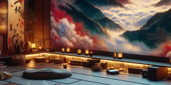 A cozy, dimly-lit room featuring a large screen displaying colorful scenes from a Japanese film, with plush cushions and calming decor.