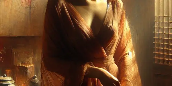 A woman in an intimate, dimly lit room embodies a nurturing yet enigmatic mother figure, surrounded by nostalgic family elements.