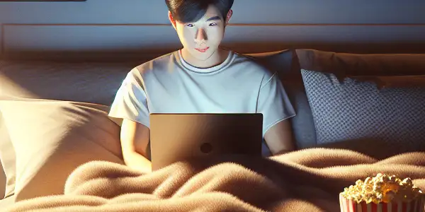 A cozy bedroom scene with a person watching a movie on a tablet, surrounded by popcorn and DVDs.