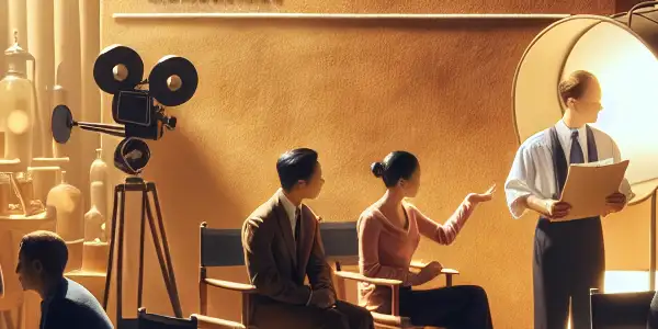 A vintage film set featuring actors discussing health and hygiene, with props emphasizing safety and cleanliness.