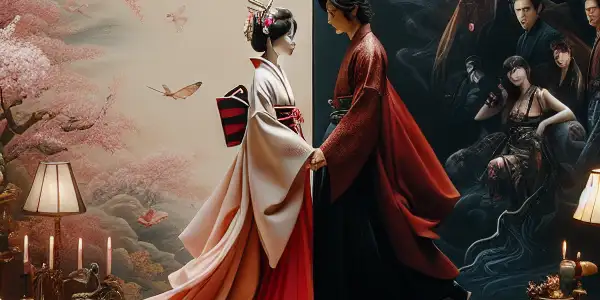 A split scene showcasing a romantic Japanese AV moment and a bold European BDSM setting, blending tradition and modernity.