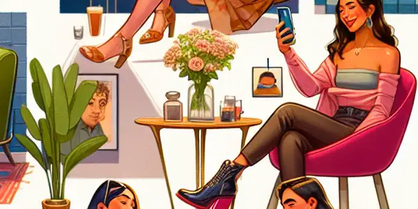 A cozy scene of diverse individuals engaging with devices, showcasing playful expressions in intimate settings.