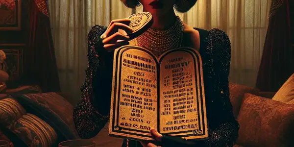 A seductive figure in an opulent room symbolizes temptation, surrounded by ethereal elements representing the Ten Commandments.