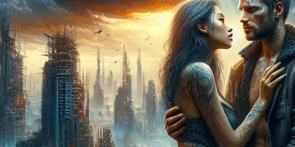 A passionate embrace between two figures in a dystopian landscape, highlighting connection amid chaos.
