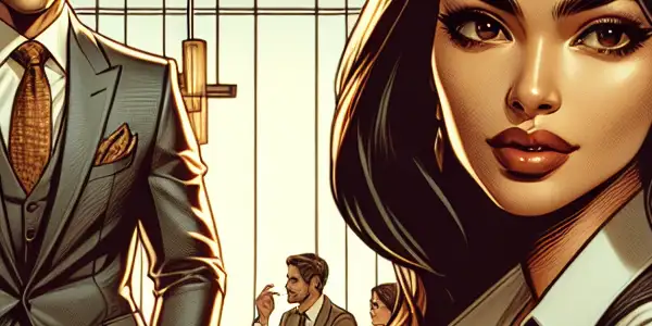 A seductive office scene featuring a confident female secretary and a charming male boss, hinting at workplace romance.