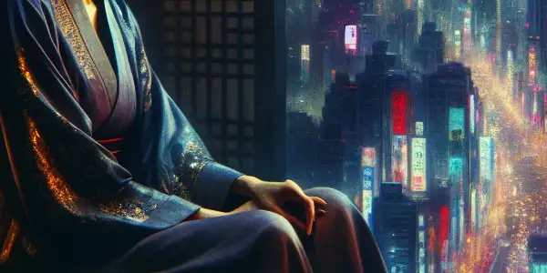 A contemplative female figure in a dimly lit room, reflecting on desire and vulnerability against a night city skyline.