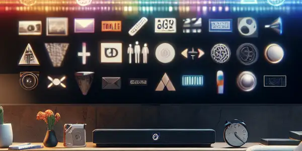 Cozy living room setup with a TV displaying abstract film genres, popcorn, and ambient lighting for a relaxing viewing experience.