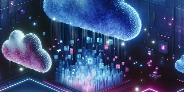 A futuristic digital landscape symbolizing safe adult entertainment, featuring glowing screens, security symbols, and abstract shapes.